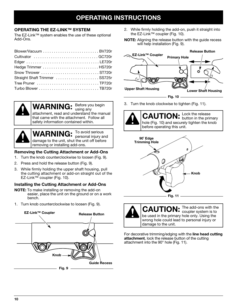Warning, Caution, Operating instructions | MTD Y725 User Manual | Page 10 / 68