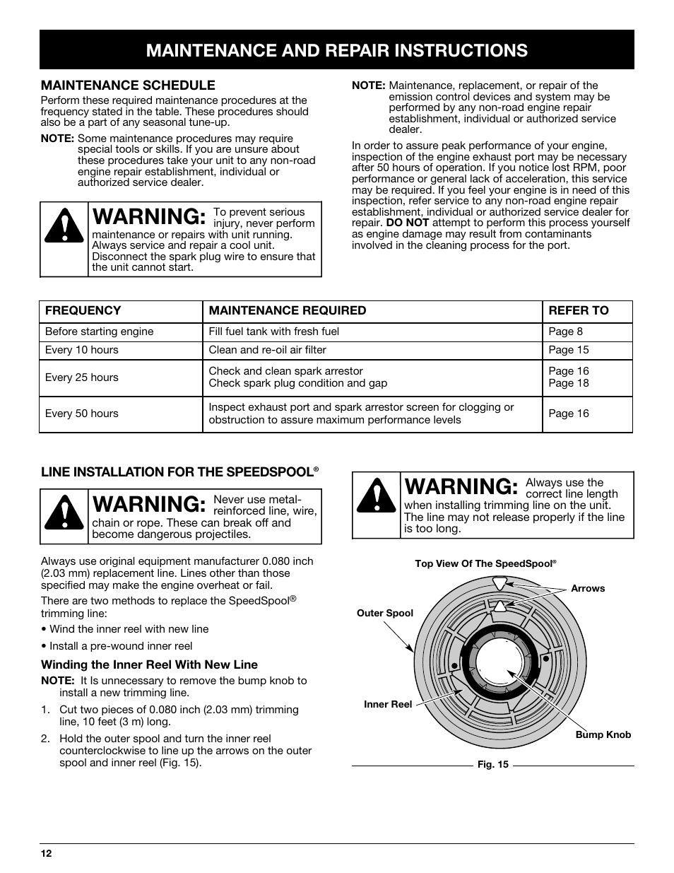 Warning, Maintenance and repair instructions | MTD Y725 User Manual | Page 12 / 68