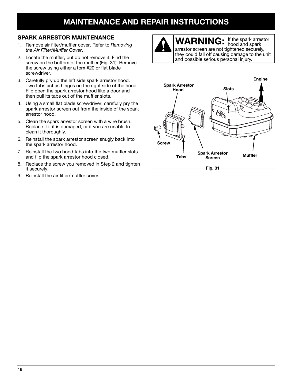 Warning, Maintenance and repair instructions | MTD Y725 User Manual | Page 16 / 68