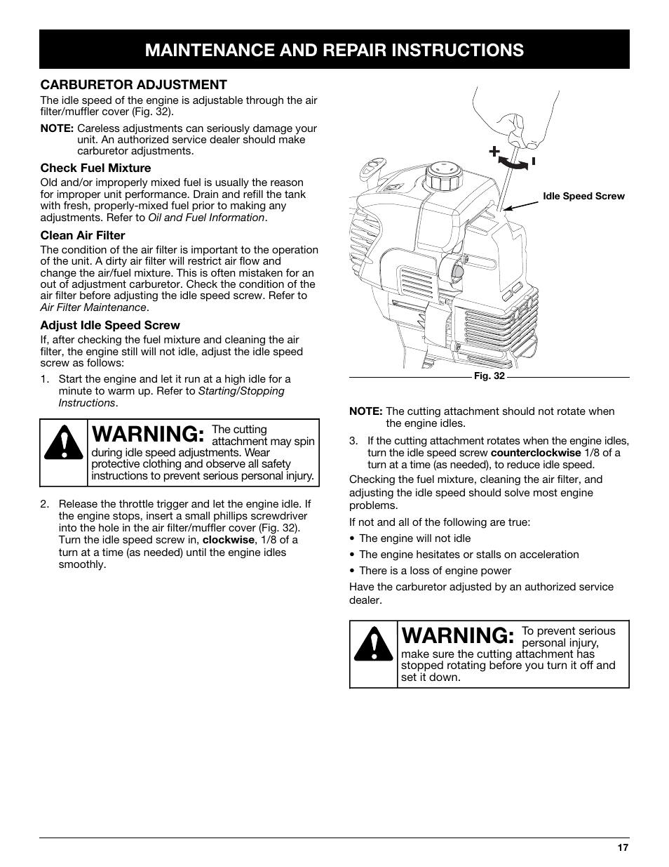 Warning, Maintenance and repair instructions | MTD Y725 User Manual | Page 17 / 68