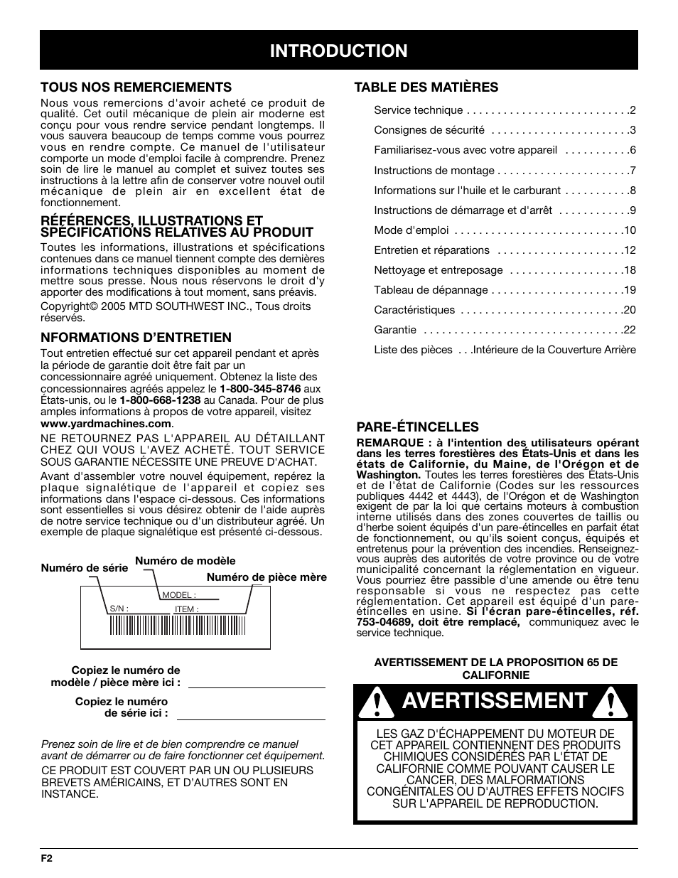 Avertissement, Introduction | MTD Y725 User Manual | Page 24 / 68