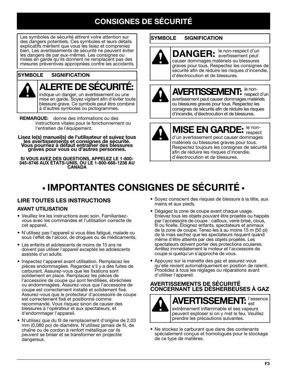 Importantes consignes de sécurité, Avertissement, Danger | Mise en garde, Alerte de sécurité, Consignes de sécurité | MTD Y725 User Manual | Page 25 / 68