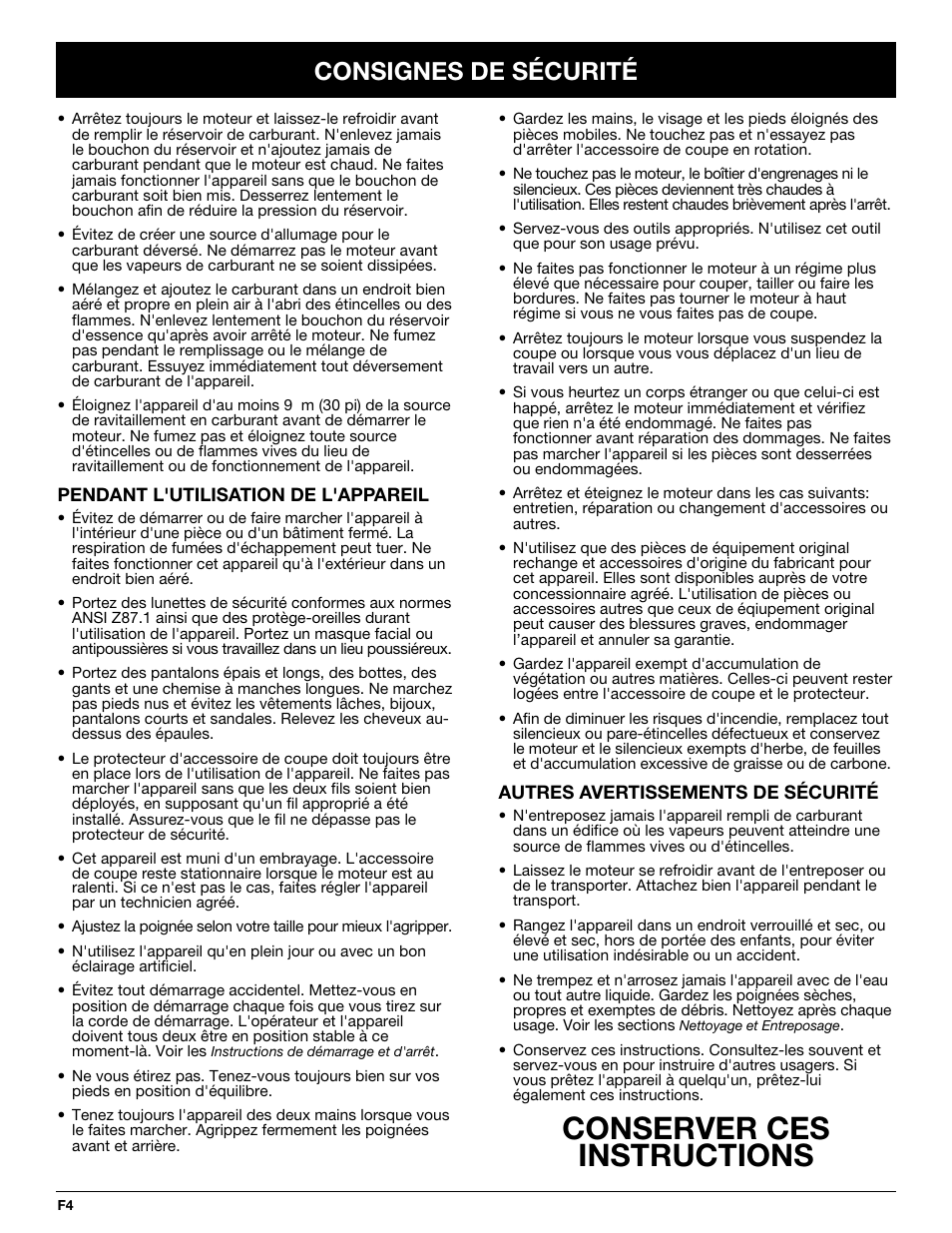 Conserver ces instructions, Consignes de sécurité | MTD Y725 User Manual | Page 26 / 68