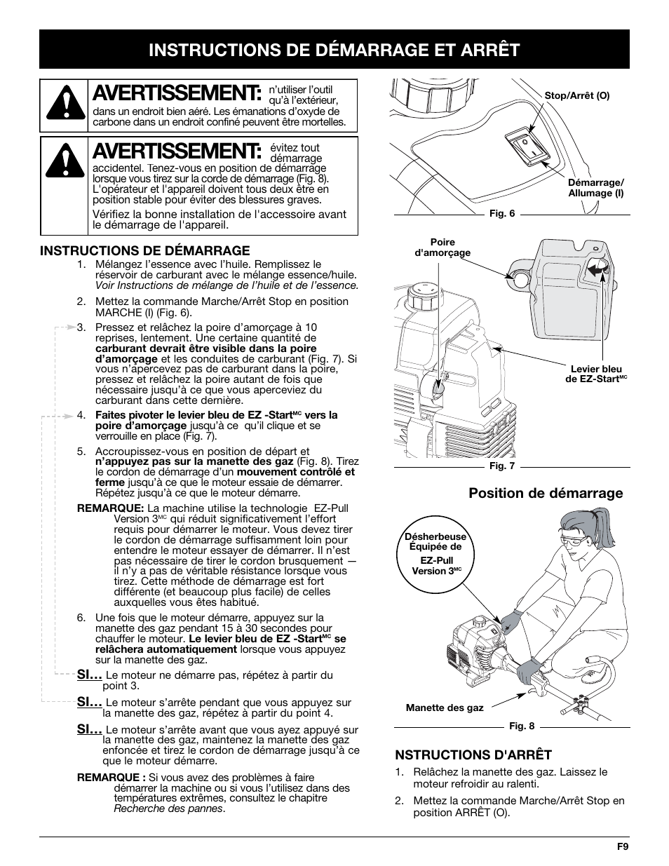 Avertissement, Instructions de démarrage et arrêt, Position de démarrage | MTD Y725 User Manual | Page 31 / 68