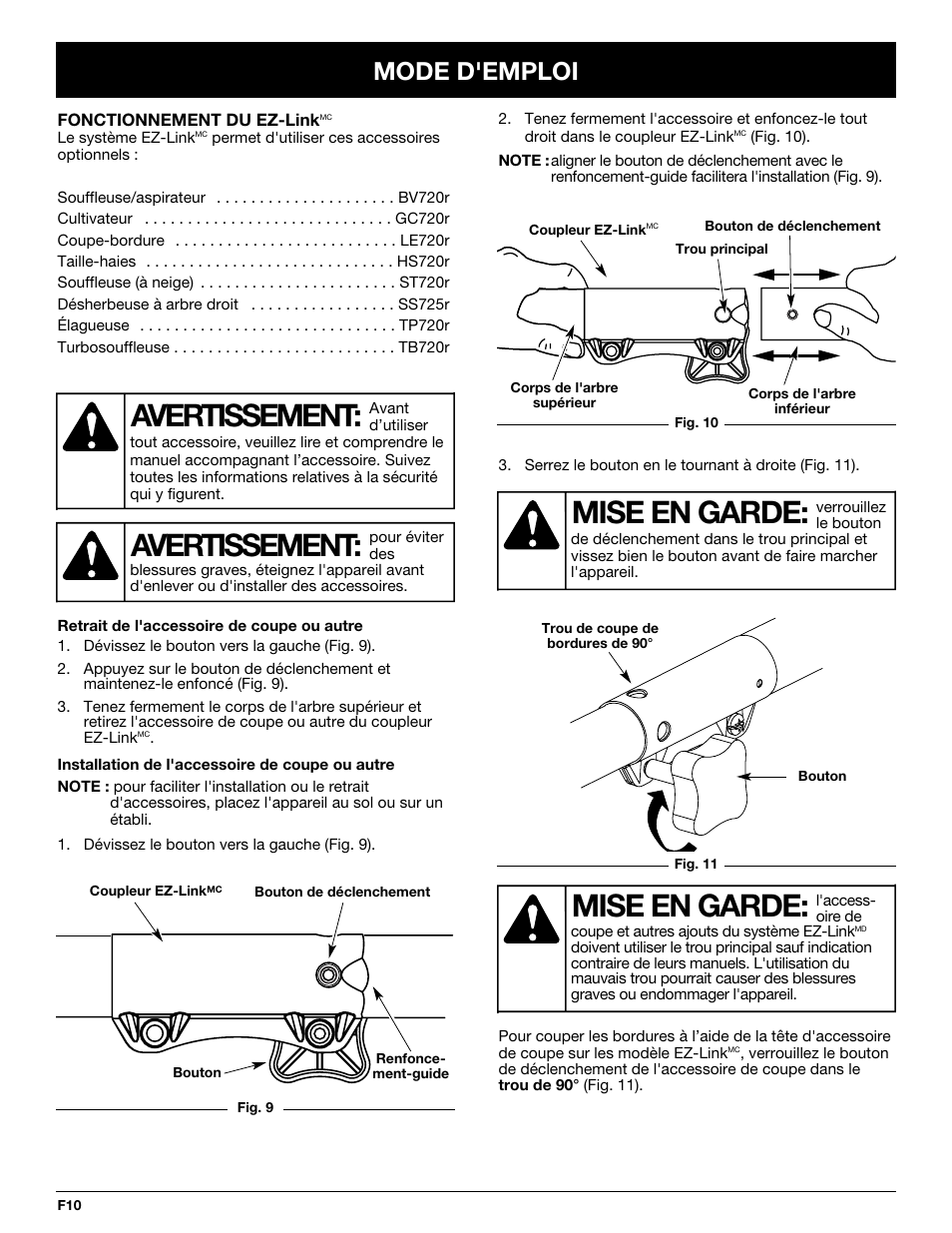 Mise en garde, Avertissement, Mode d'emploi | MTD Y725 User Manual | Page 32 / 68