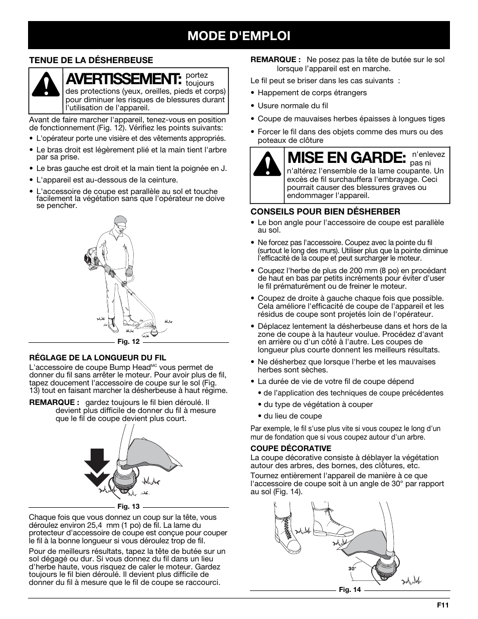 Mise en garde, Avertissement, Mode d'emploi | MTD Y725 User Manual | Page 33 / 68