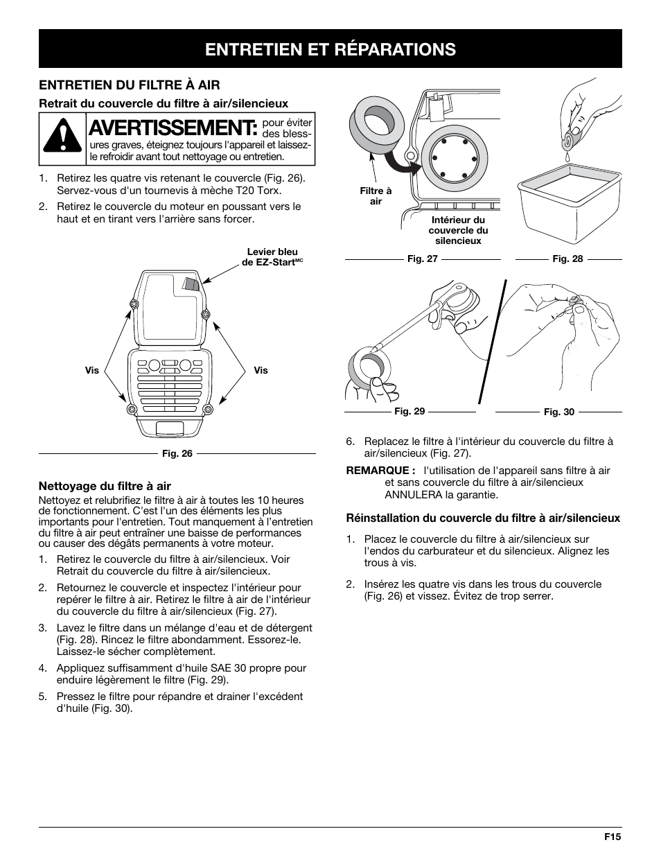 Avertissement, Entretien et réparations | MTD Y725 User Manual | Page 37 / 68