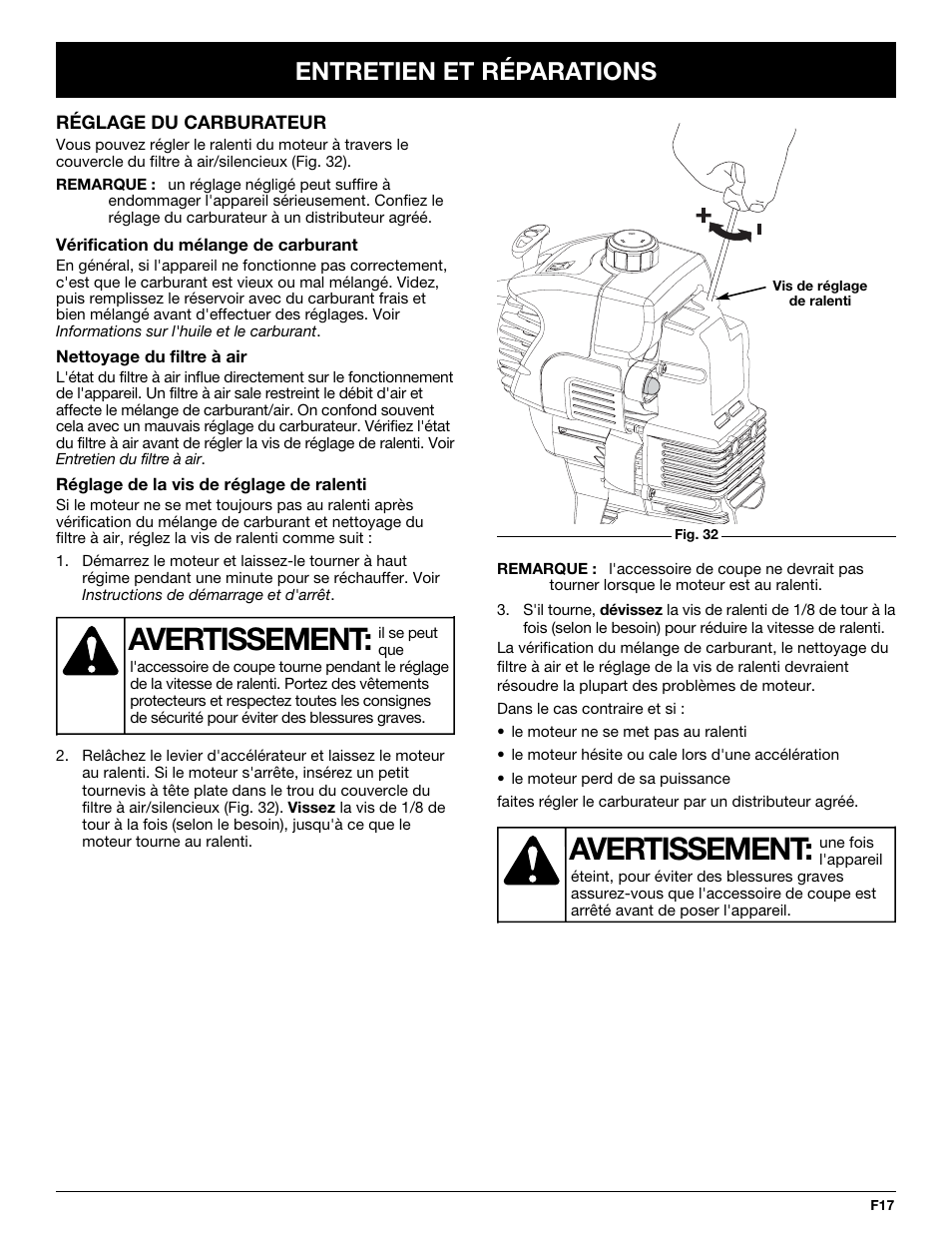 Avertissement, Entretien et réparations | MTD Y725 User Manual | Page 39 / 68