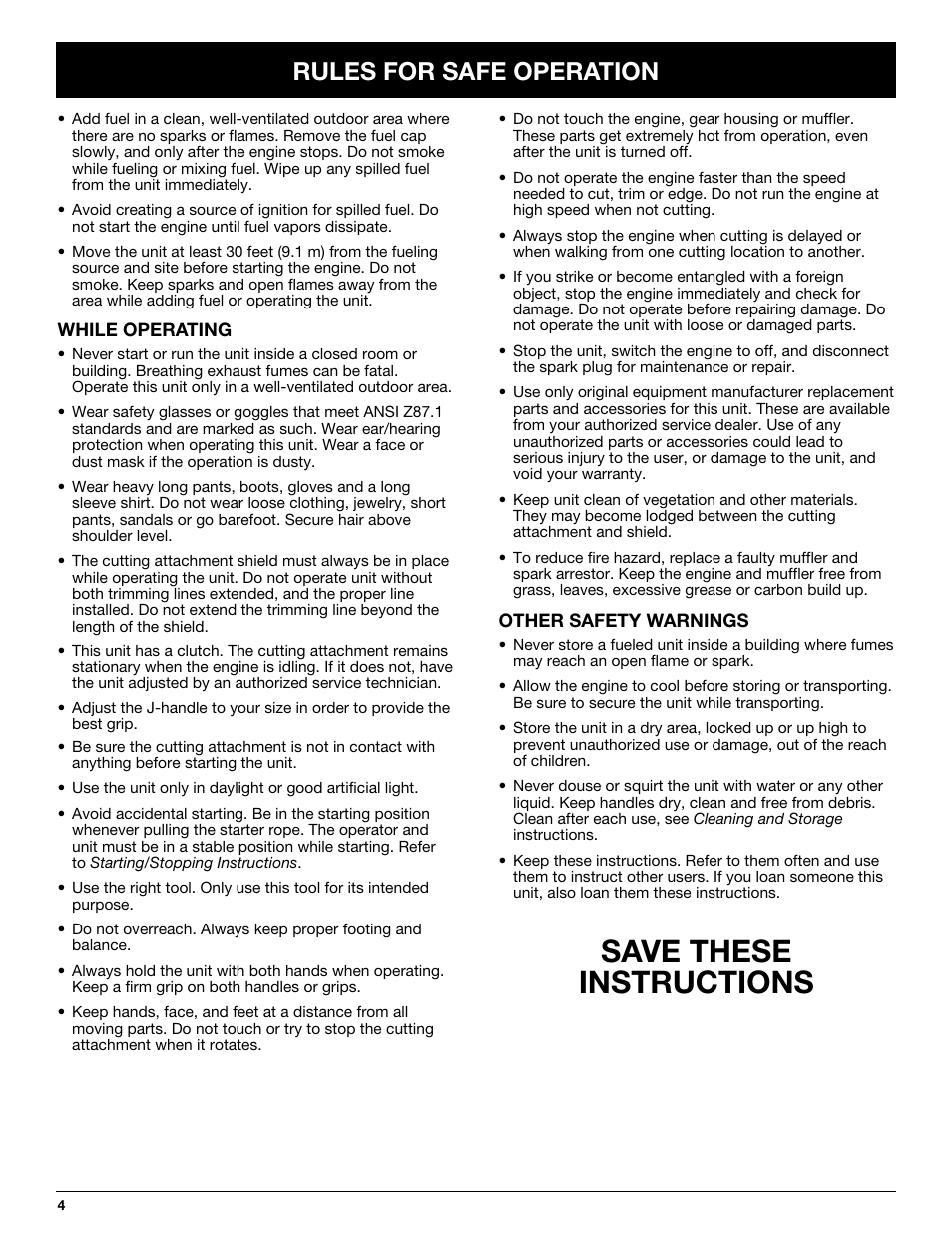 Save these instructions, Rules for safe operation | MTD Y725 User Manual | Page 4 / 68