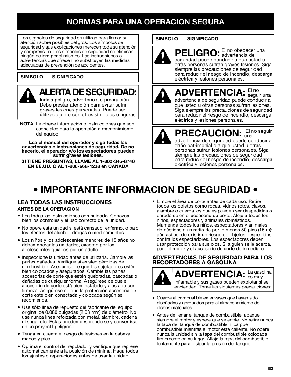 Importante informacion de seguridad, Advertencia, Peligro | Precaucion, Alerta de seguridad, Normas para una operacion segura | MTD Y725 User Manual | Page 47 / 68