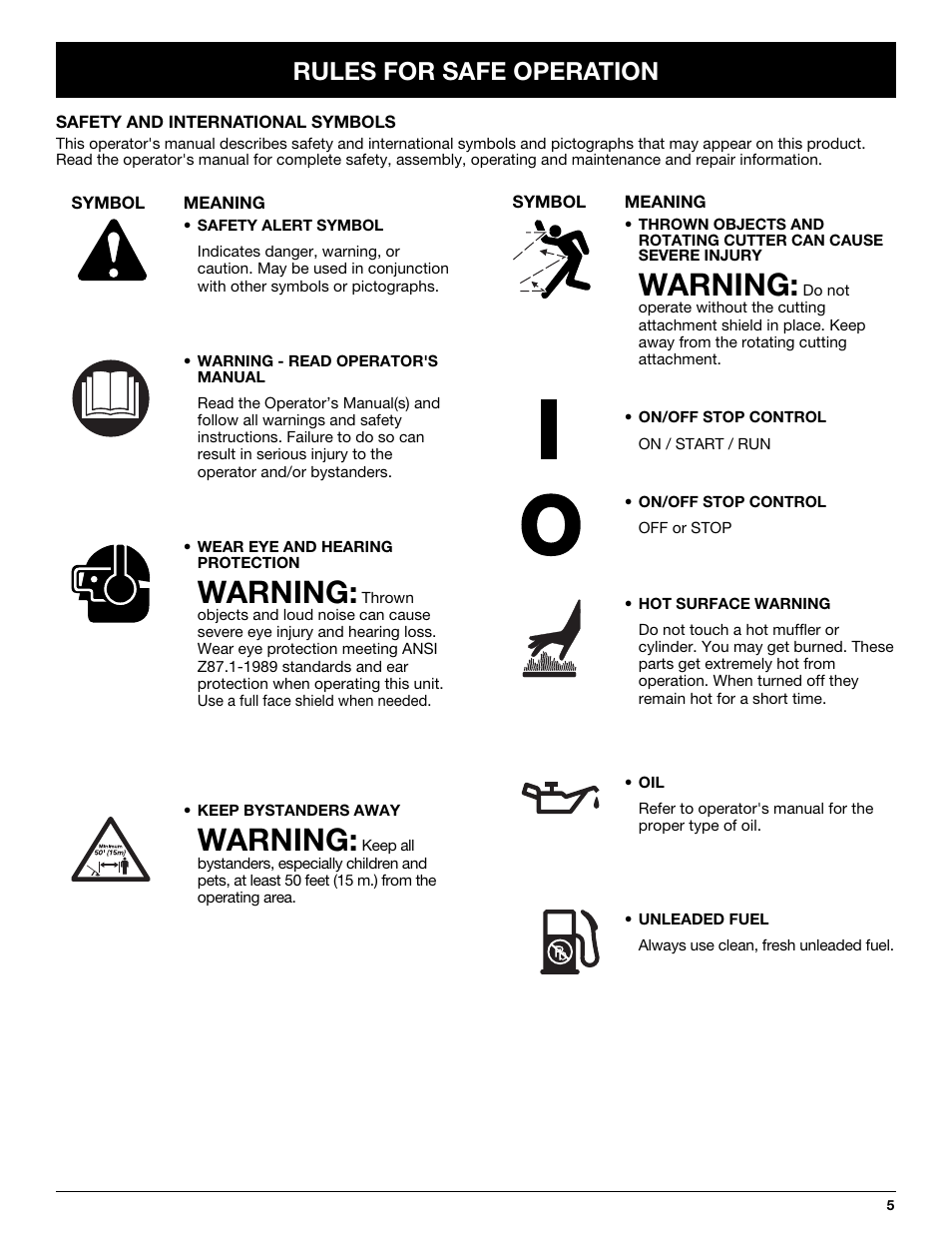Warning, Rules for safe operation | MTD Y725 User Manual | Page 5 / 68