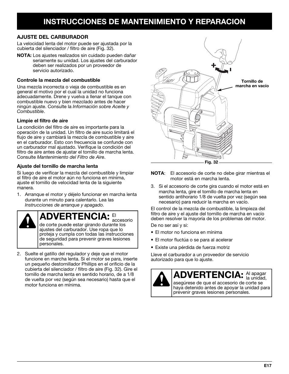 Advertencia, Instrucciones de mantenimiento y reparacion | MTD Y725 User Manual | Page 61 / 68