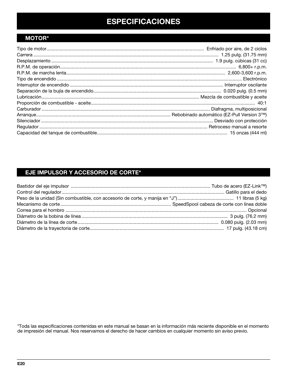 Especificaciones | MTD Y725 User Manual | Page 64 / 68