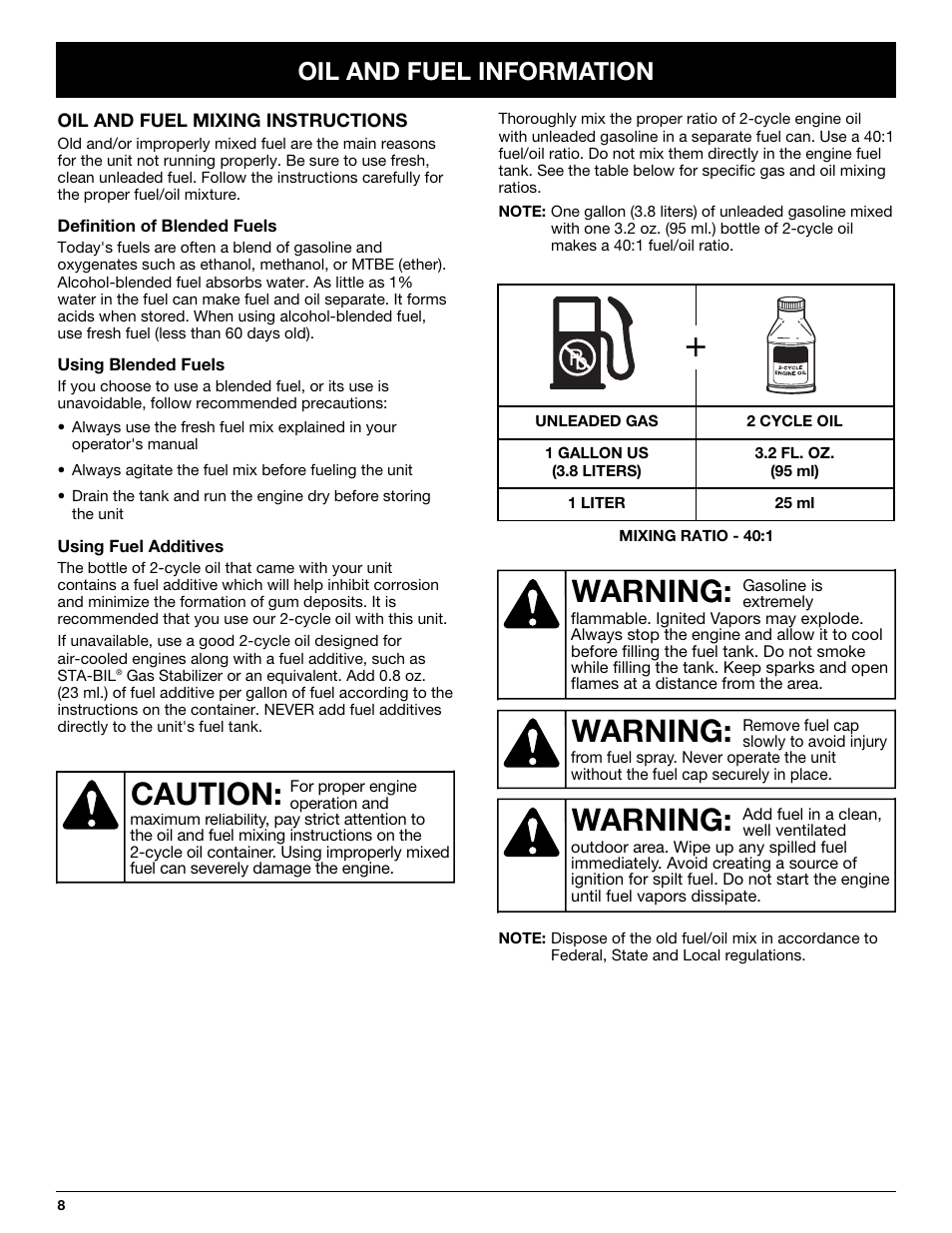 Warning, Caution, Oil and fuel information | MTD Y725 User Manual | Page 8 / 68