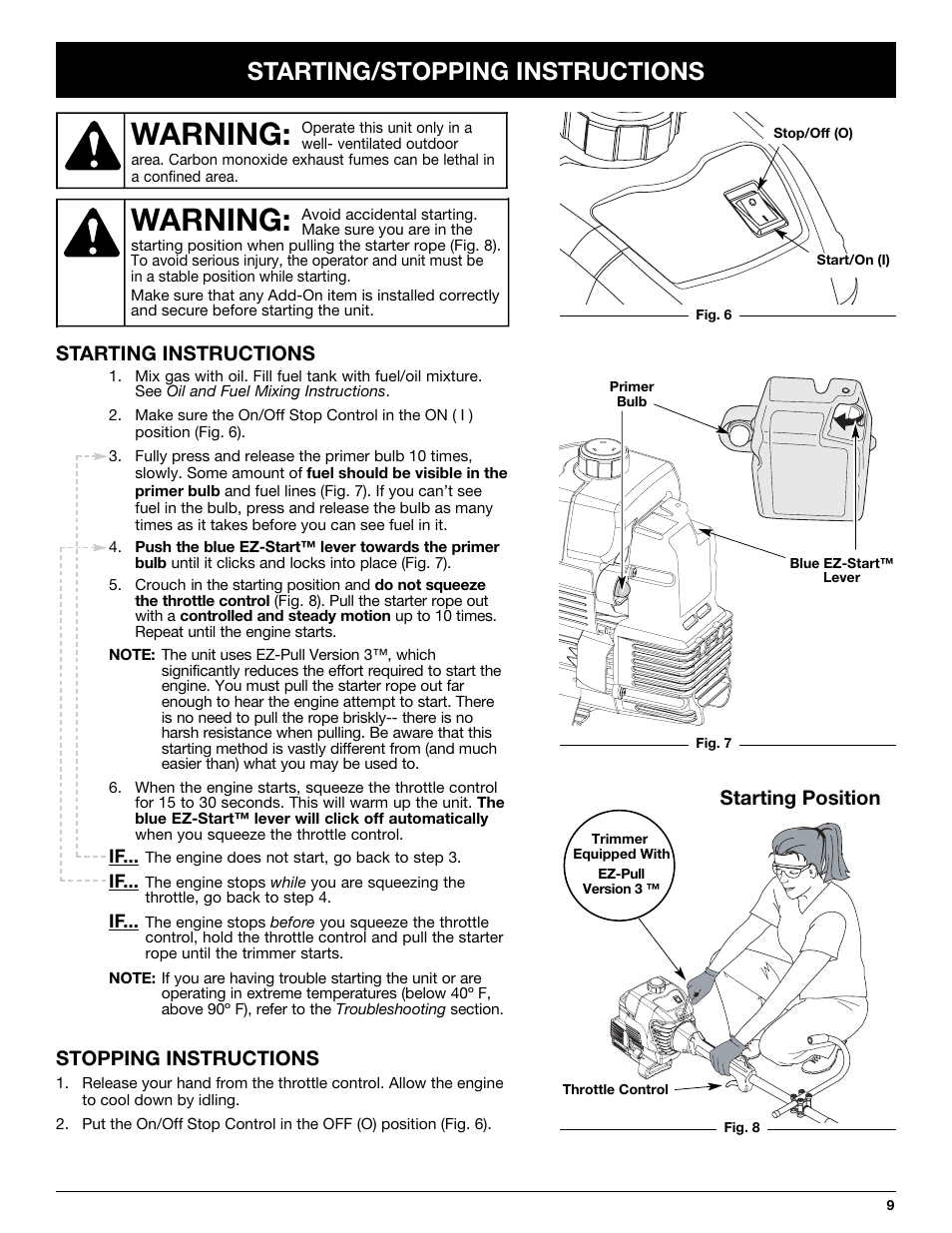 Warning, Starting/stopping instructions, Starting position | Starting instructions stopping instructions | MTD Y725 User Manual | Page 9 / 68