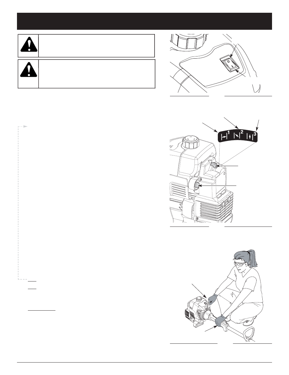 Warning, Starting/stopping instructions, Starting position | Starting instructions stopping instructions | MTD Y765 User Manual | Page 9 / 64