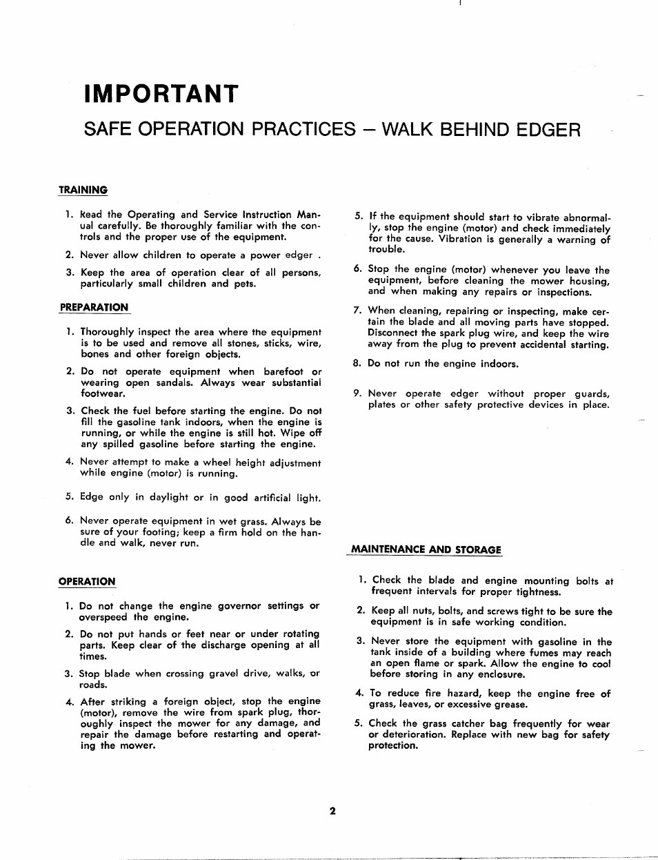 Important, Safe operation practices - walk behind edger | MTD 244-600A User Manual | Page 2 / 7