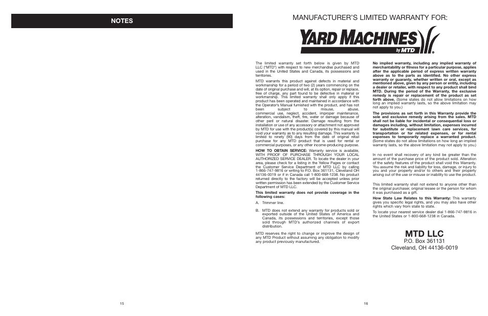 Mtd llc, Manufacturer’s limited warranty for | MTD YARD MACHINES 599 User Manual | Page 17 / 54