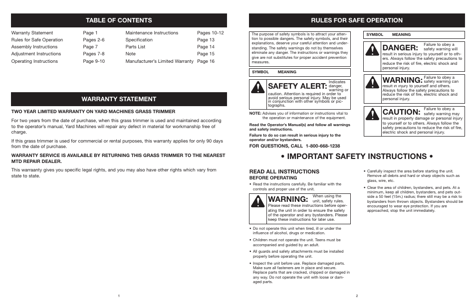 MTD YARD MACHINES 599 User Manual | Page 2 / 54