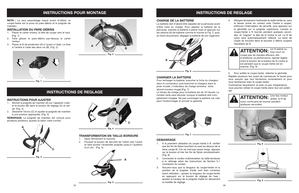 Attention, Instructions pour montage, Instructions de reglage | MTD YARD MACHINES 599 User Manual | Page 26 / 54