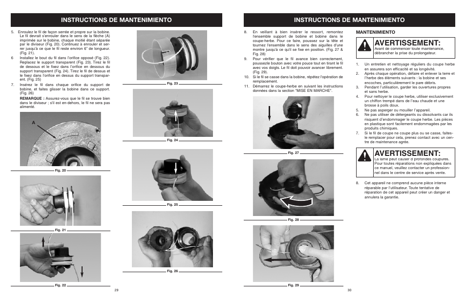 Avertissement, Instructions de mantenimiento | MTD YARD MACHINES 599 User Manual | Page 30 / 54