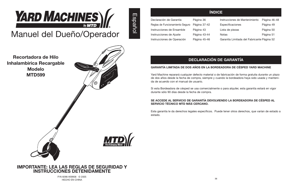 Manuel del dueño/operador, Español | MTD YARD MACHINES 599 User Manual | Page 37 / 54