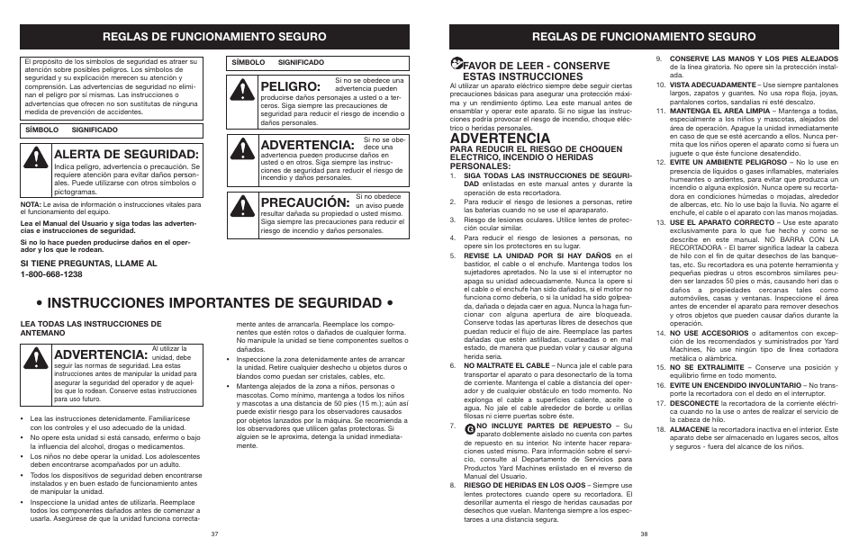 Instrucciones importantes de seguridad, Peligro, Advertencia | Precaución, Alerta de seguridad, Reglas de funcionamiento seguro, Favor de leer - conserve estas instrucciones | MTD YARD MACHINES 599 User Manual | Page 38 / 54