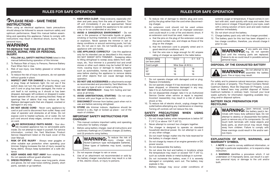 Warning, Rules for safe operation, Please read - save these instructions | MTD YARD MACHINES 599 User Manual | Page 4 / 54