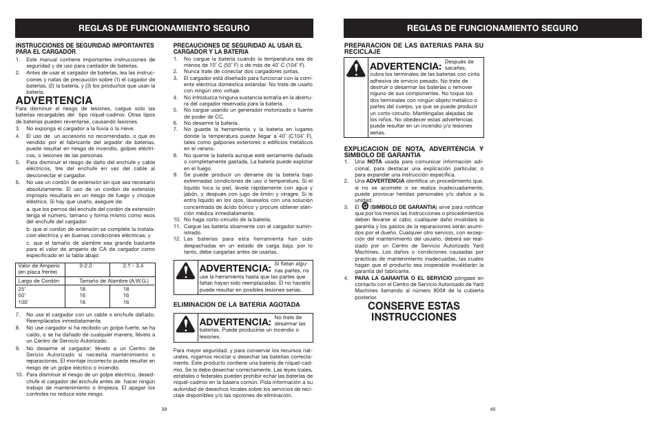 Advertencia, Conserve estas instrucciones, Reglas de funcionamiento seguro | MTD YARD MACHINES 599 User Manual | Page 40 / 54