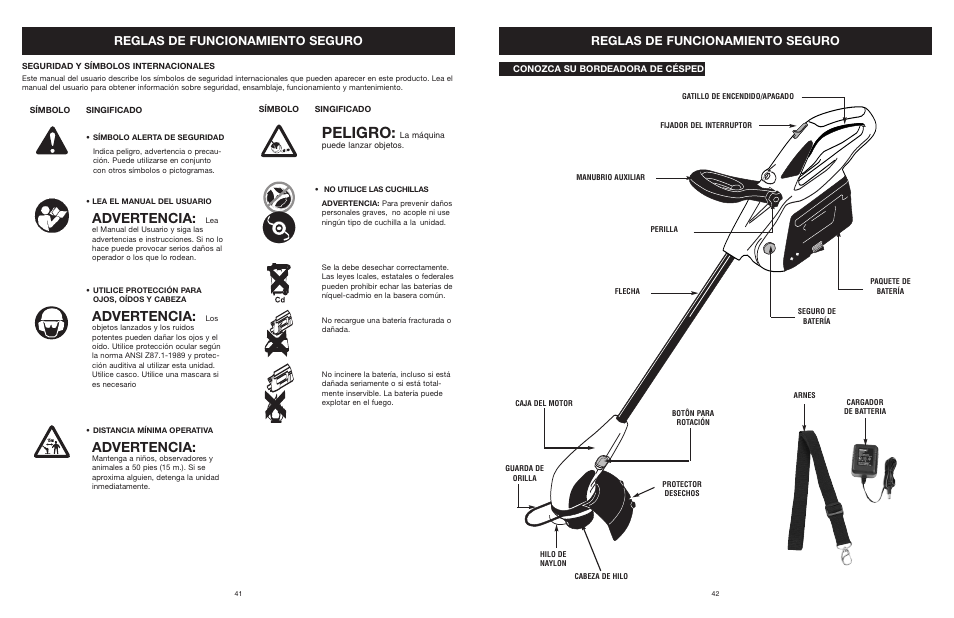 Peligro, Advertencia, Reglas de funcionamiento seguro | MTD YARD MACHINES 599 User Manual | Page 42 / 54