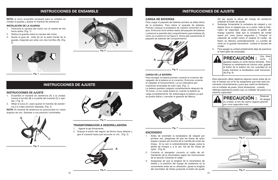 Precaución, Instrucciones de ensamble, Instrucciones de ajuste | MTD YARD MACHINES 599 User Manual | Page 44 / 54