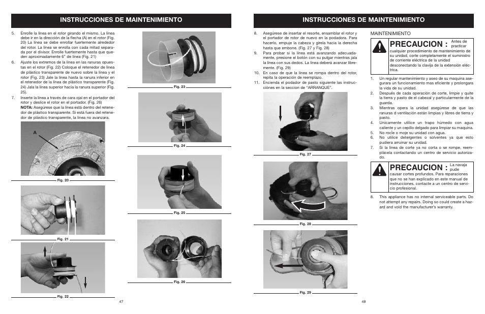 Precaucion, Instrucciones de maintenimiento | MTD YARD MACHINES 599 User Manual | Page 48 / 54