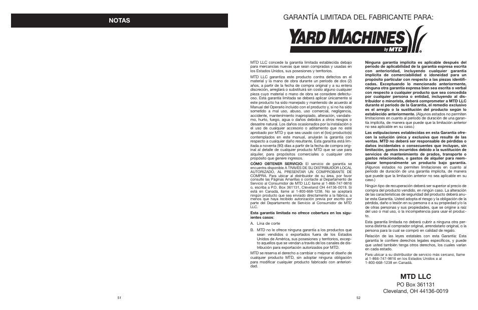 Garantía limitada del fabricante para, Mtd llc, Notas | MTD YARD MACHINES 599 User Manual | Page 52 / 54