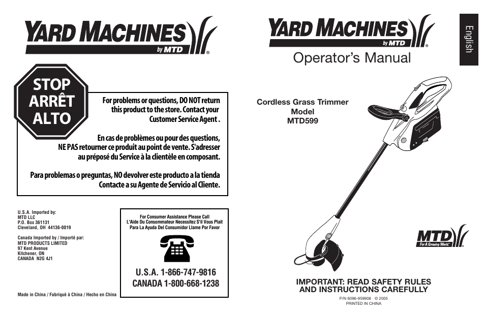 Stop arrêt alto, Operator’s manual, English | MTD YARD MACHINES 599 User Manual | Page 54 / 54