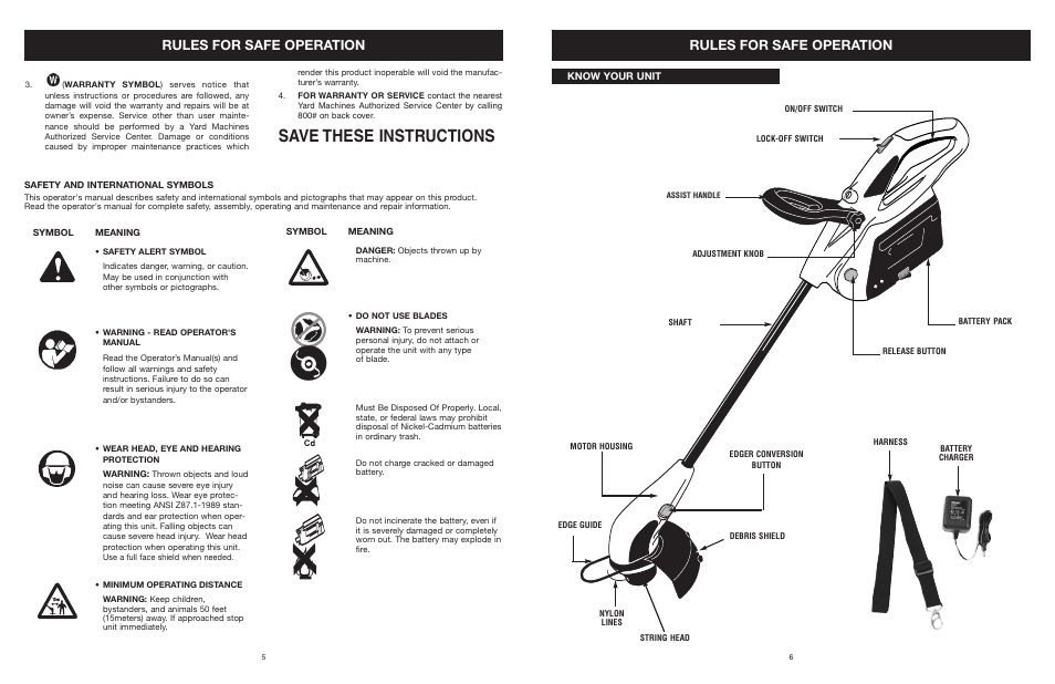 Save these instructions, Rules for safe operation | MTD YARD MACHINES 599 User Manual | Page 6 / 54