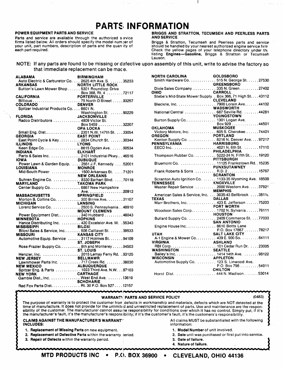 Parts; information | MTD 24677L User Manual | Page 16 / 16