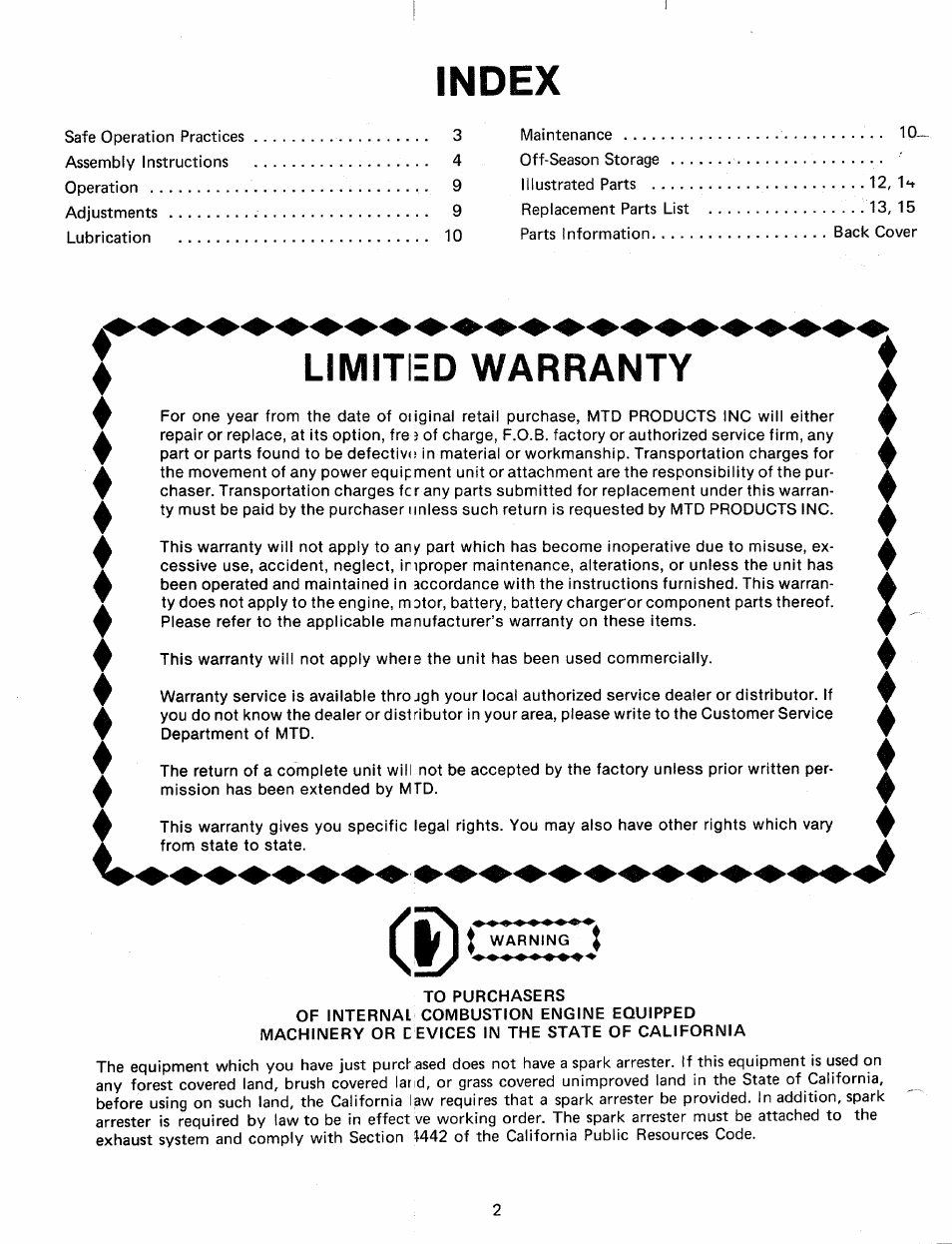 Index, Limited warranty | MTD 24677L User Manual | Page 2 / 16