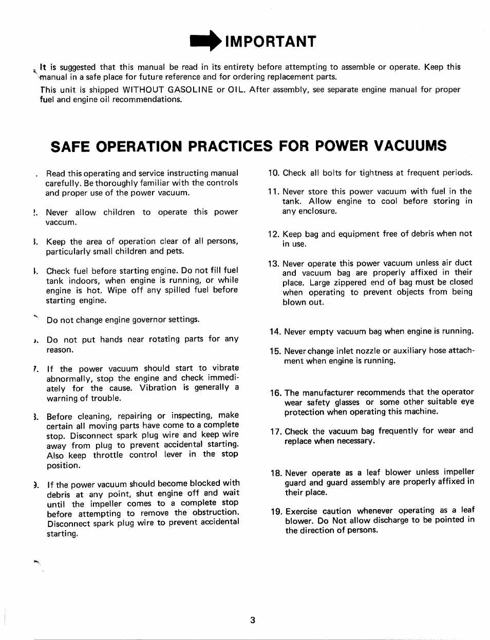 Important, Safe operation practices for power vacuums | MTD 24677L User Manual | Page 3 / 16