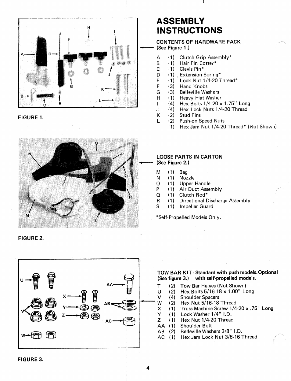 Assembly, Instructions, Contents of hardware pack (see figure 1.) | Loose parts in carton (see figure 2.), Assembly instructions | MTD 24677L User Manual | Page 4 / 16