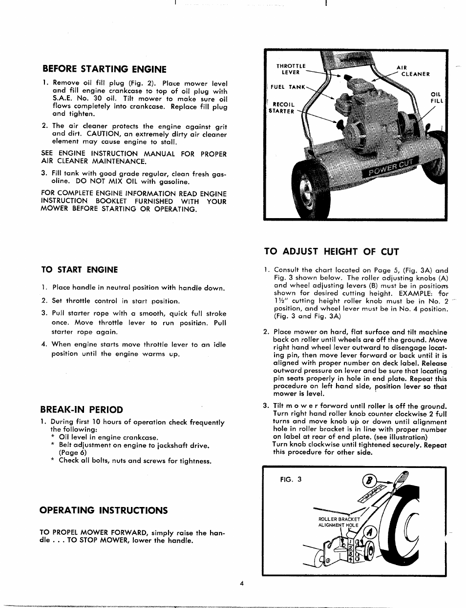 Before starting engine, To adjust height of cut, To start engine | Break-in period, Operating instructions | MTD 10710-0 User Manual | Page 4 / 11