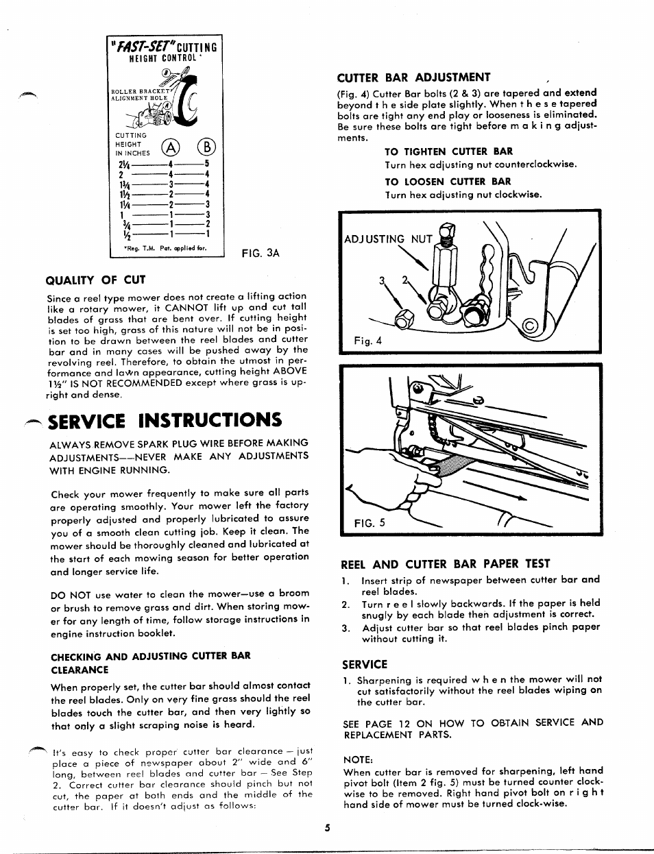 Quality of cut, Cutter bar adjustment, Reel and cutter bar paper test | Service, Service instructions, Height control, F/lsr-s£r"mim | MTD 10710-0 User Manual | Page 5 / 11