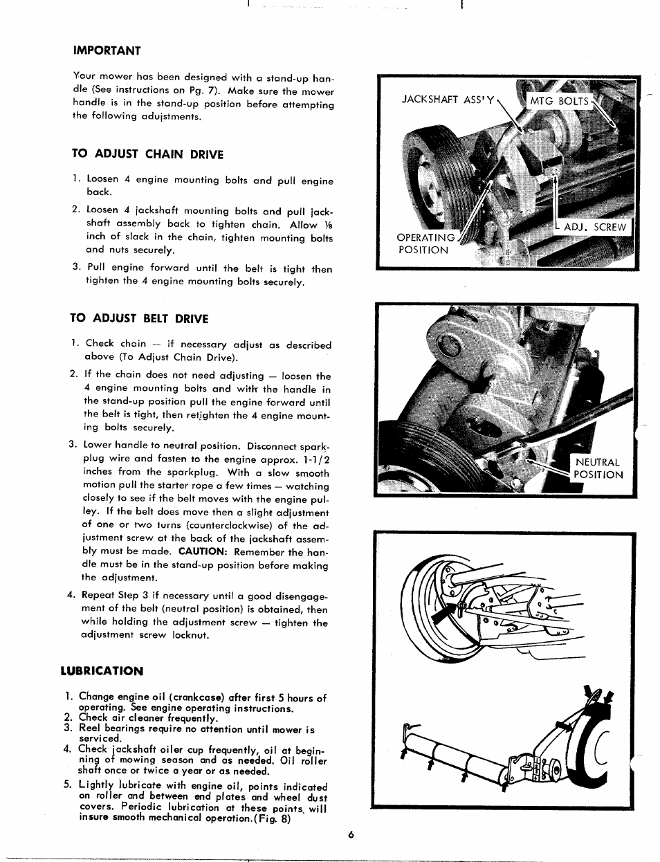 Important, To adjust chain drive, To adjust relt drive | Lubrication | MTD 10710-0 User Manual | Page 6 / 11