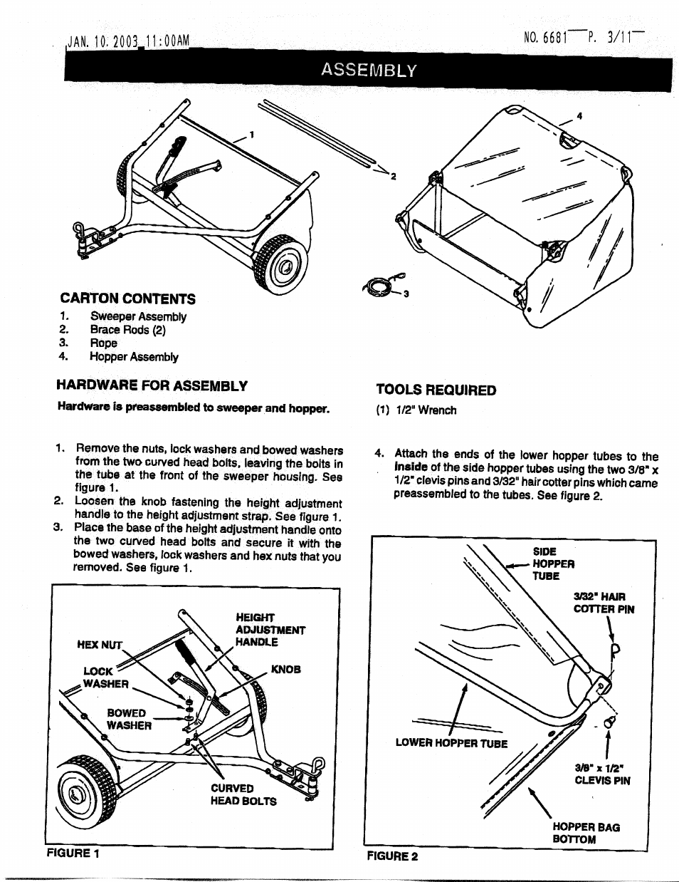 Assembly, Carton contents, Hardware for assembly | MTD 190-459A-100 User Manual | Page 3 / 11