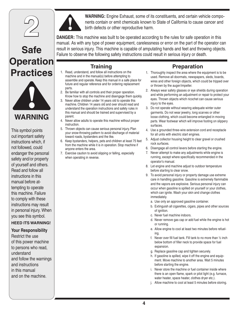 Safe operation practices, Warning, Training | Preparation | MTD 769-01275C User Manual | Page 4 / 28