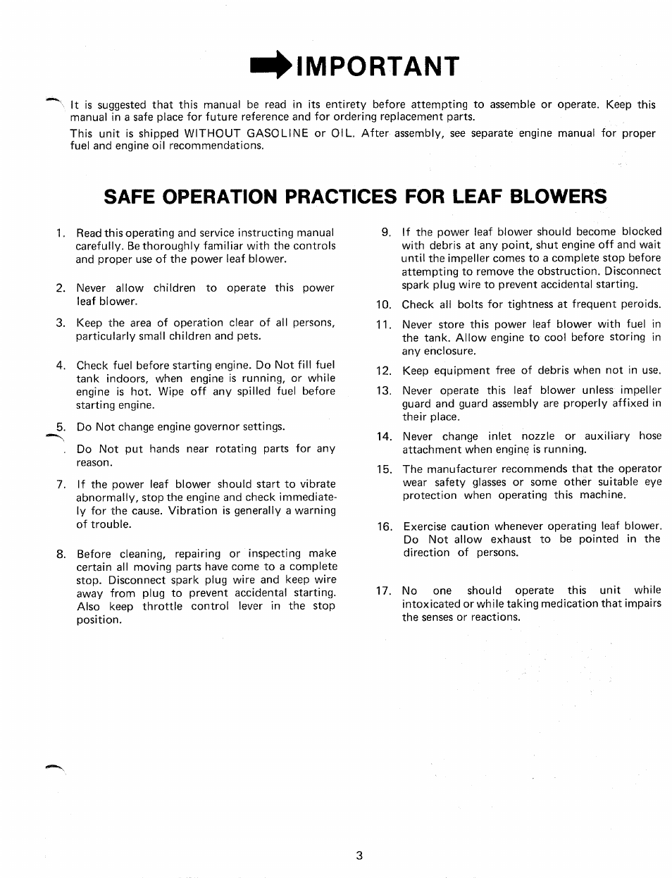 Important, Safe operation practices for leaf blowers | MTD 240-692-000 User Manual | Page 3 / 14