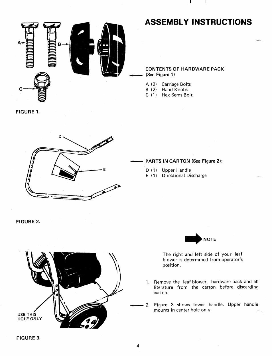 Assembly instructions, Contents of hardware pack: (see figure 1), Parts ilm carton (see figure 2) | MTD 240-692-000 User Manual | Page 4 / 14