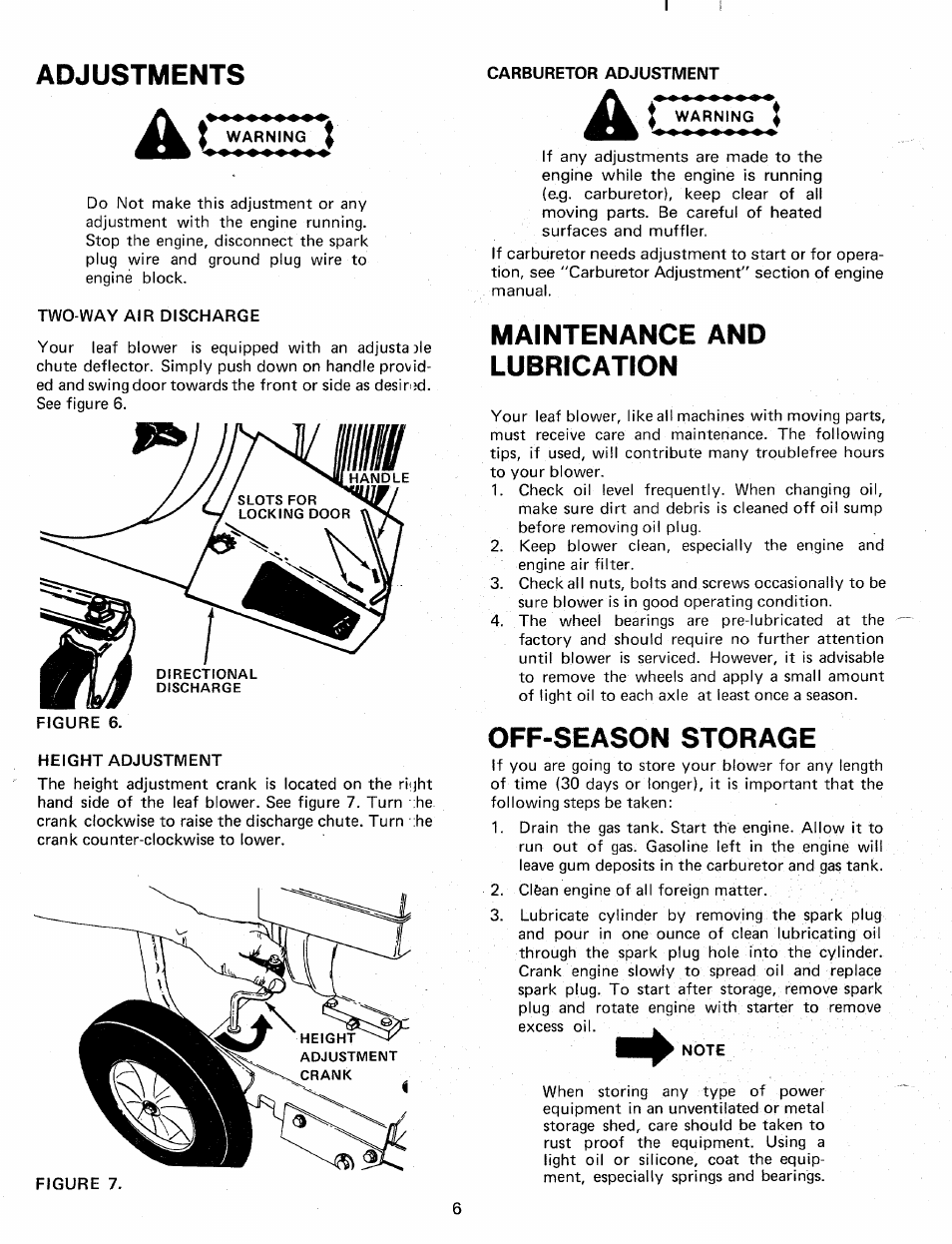 Adjustments, Carburetor adjustment, Two-way air discharge | Height adjustment, Maintenance and lubrication, Off-season storage, Note | MTD 240-692-000 User Manual | Page 6 / 14