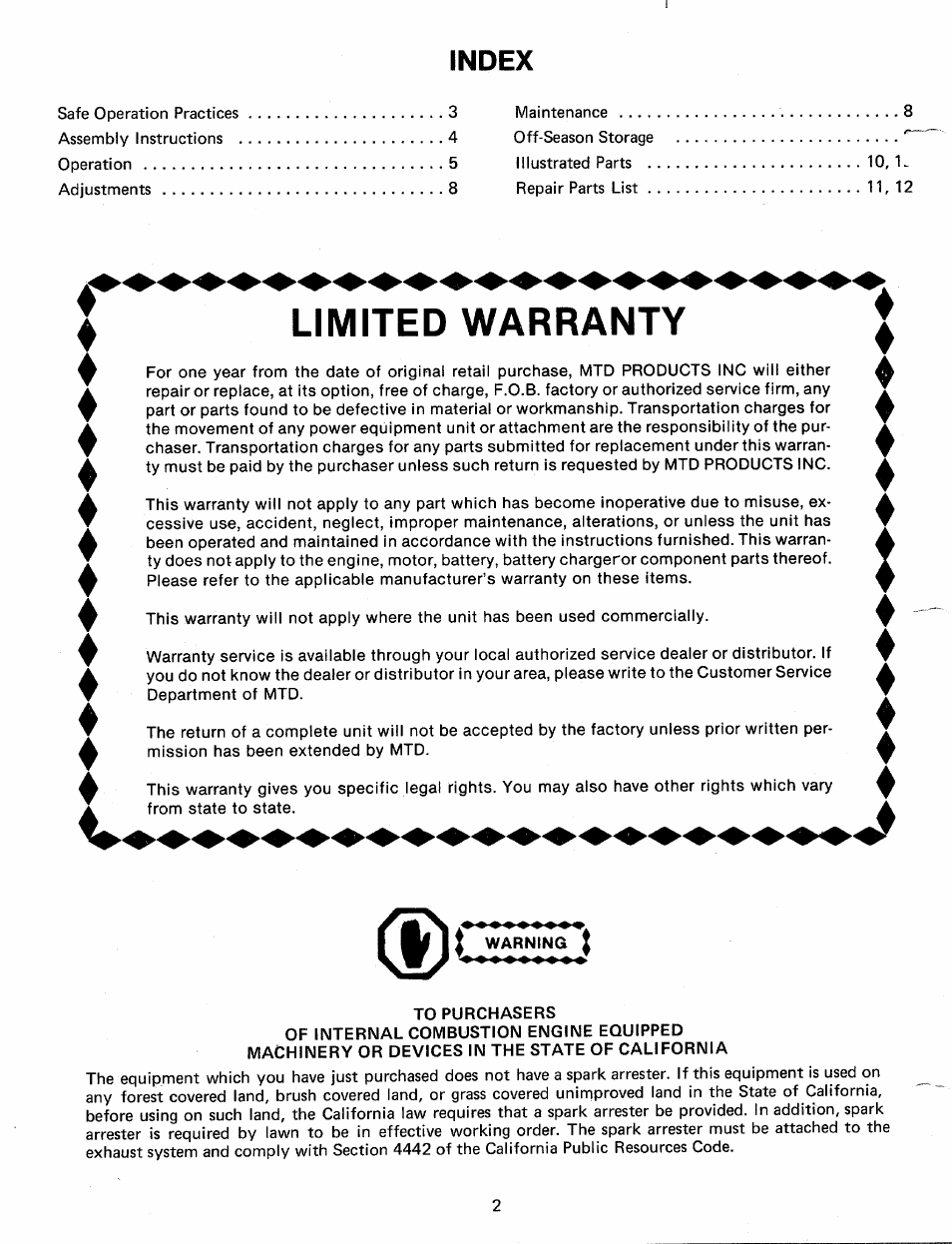 Index, Limited warranty, Warning i | MTD 24642-A User Manual | Page 2 / 12