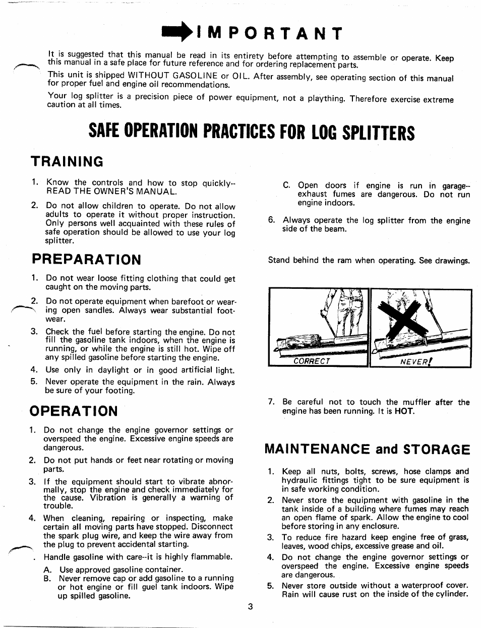 Safe operation practices for log splitters, Training, Preparation | Operation, Maintenance and storage | MTD 24642-A User Manual | Page 3 / 12