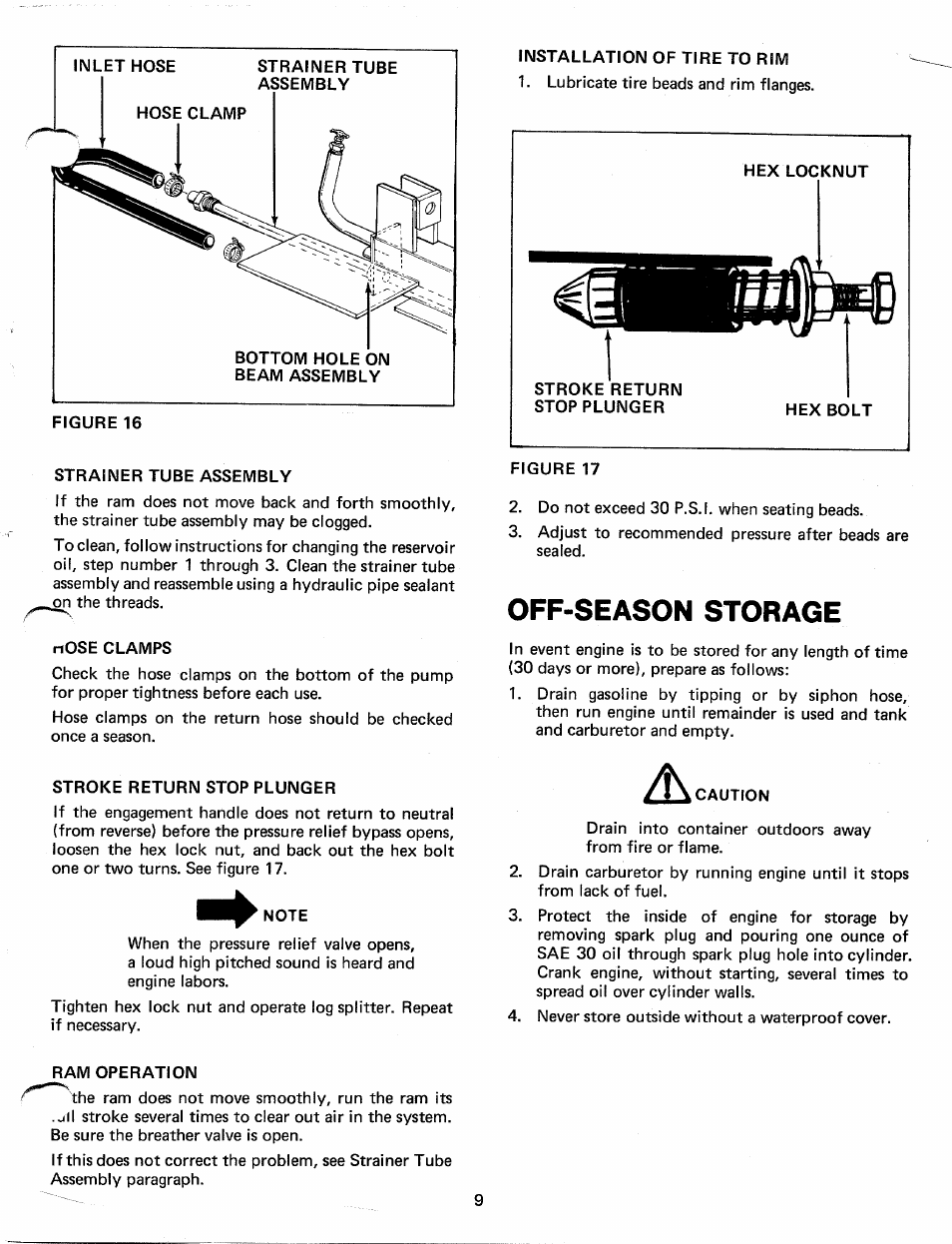 Strainer tube assembly, Nose clamps, Stroke return stop plunger | Note, Installation of tire to rim, Hex locknut, Lili, Figure 17, Hex bolt, Off-season storage | MTD 24642-A User Manual | Page 9 / 12